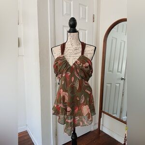 BCBGMaxAzria Y2K Babydoll Halter Tie Top 100% Silk Lined Green Botanical Fairy